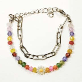 Bracelet Perles de Verre Enfant avec Pâquerette et Chaîne Acier 13 + 5 cm