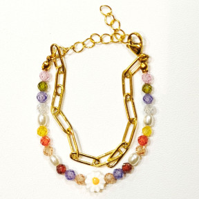 Bracelet Perles de Verre Enfant avec Pâquerette et Chaîne Acier Plaquée Or 13 + 5 cm