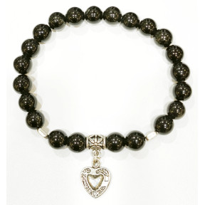 Bracelet Obsidienne Argentée avec Breloque Cœur Pierres Rondes 8mm