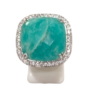 Bague Amazonite Carré Facettée et Topaze Blanche Argent 925 Taille 53