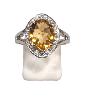 Bague Citrine Ronde Facetté et Topaze Blanche Argent 925 Taille 58