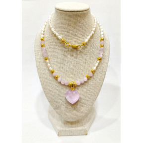 Collier Perles d'Eau Douce Grain de Riz  Cœur Kunzite Perles Quartz Rose  44 cm