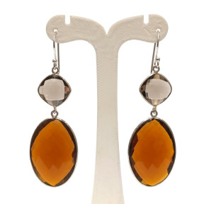Boucles Citrine Madère Ovale Facettée et Quartz Fumé Carré Facetté Argent 925