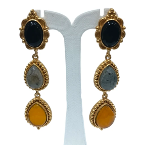 Boucles Onyx Labradorite et Ambre Laiton Plaqué Or Collection NIIKI