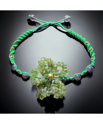Bracelet Péridot fleur & Améthyste sur cordon réglable