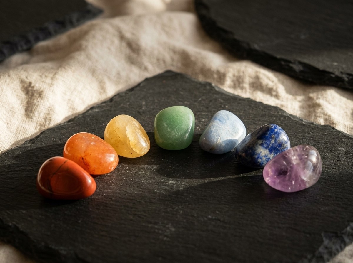 Les sept pierres des chakras posées dans une main