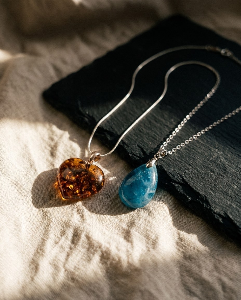 Pendentifs ambre et apatite sur chaîne argent