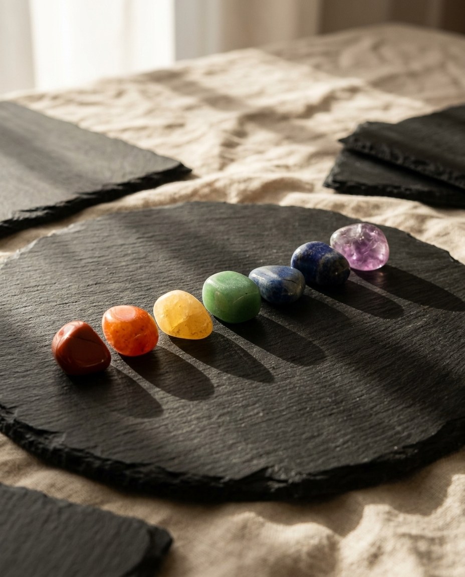 Les sept pierres des chakras alignées sur une dalle d'ardoise