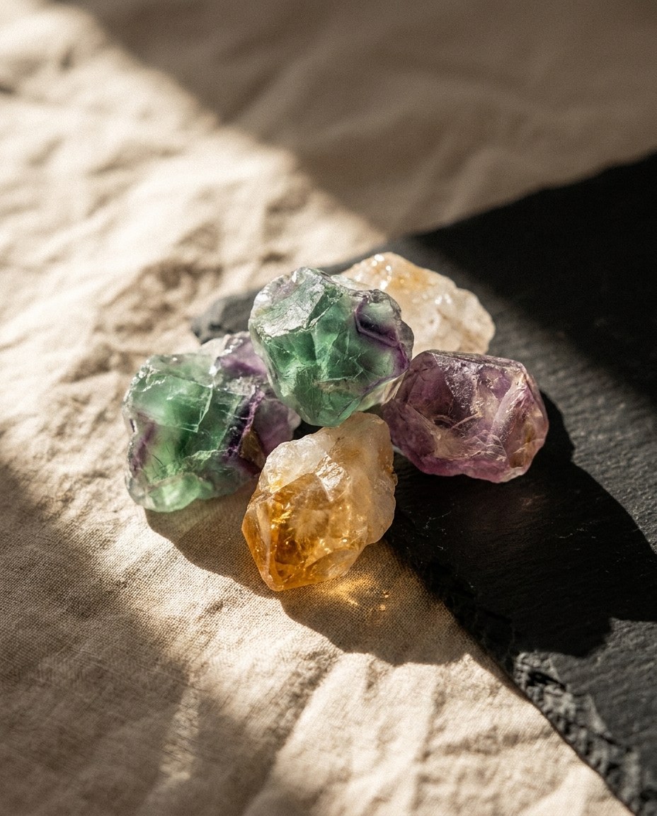 Minéraux bruts : fluorite, améthyste, citrine